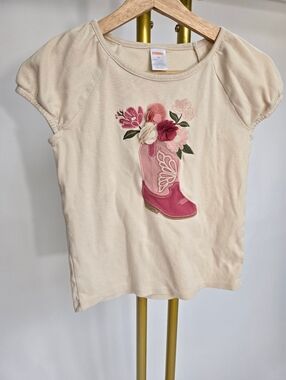 Gymboree Cream Short Sleeve Tee with Pink Boot Applique Flowers 10